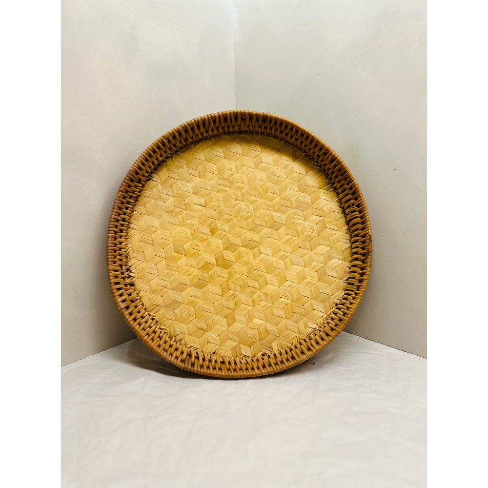 Vintage Round Woven Rattan and Bamboo Serving Tray Geometric Hexagon Pattern 11"